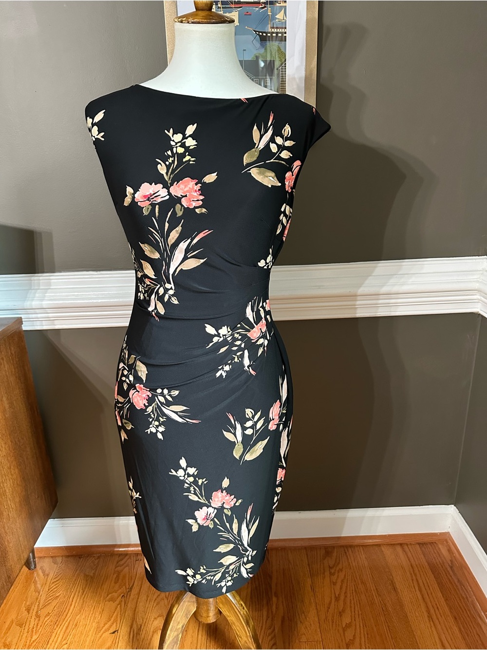 Lauren Ralph Lauren Ruched Black Midi Dress with Pink and Cream Floral Print